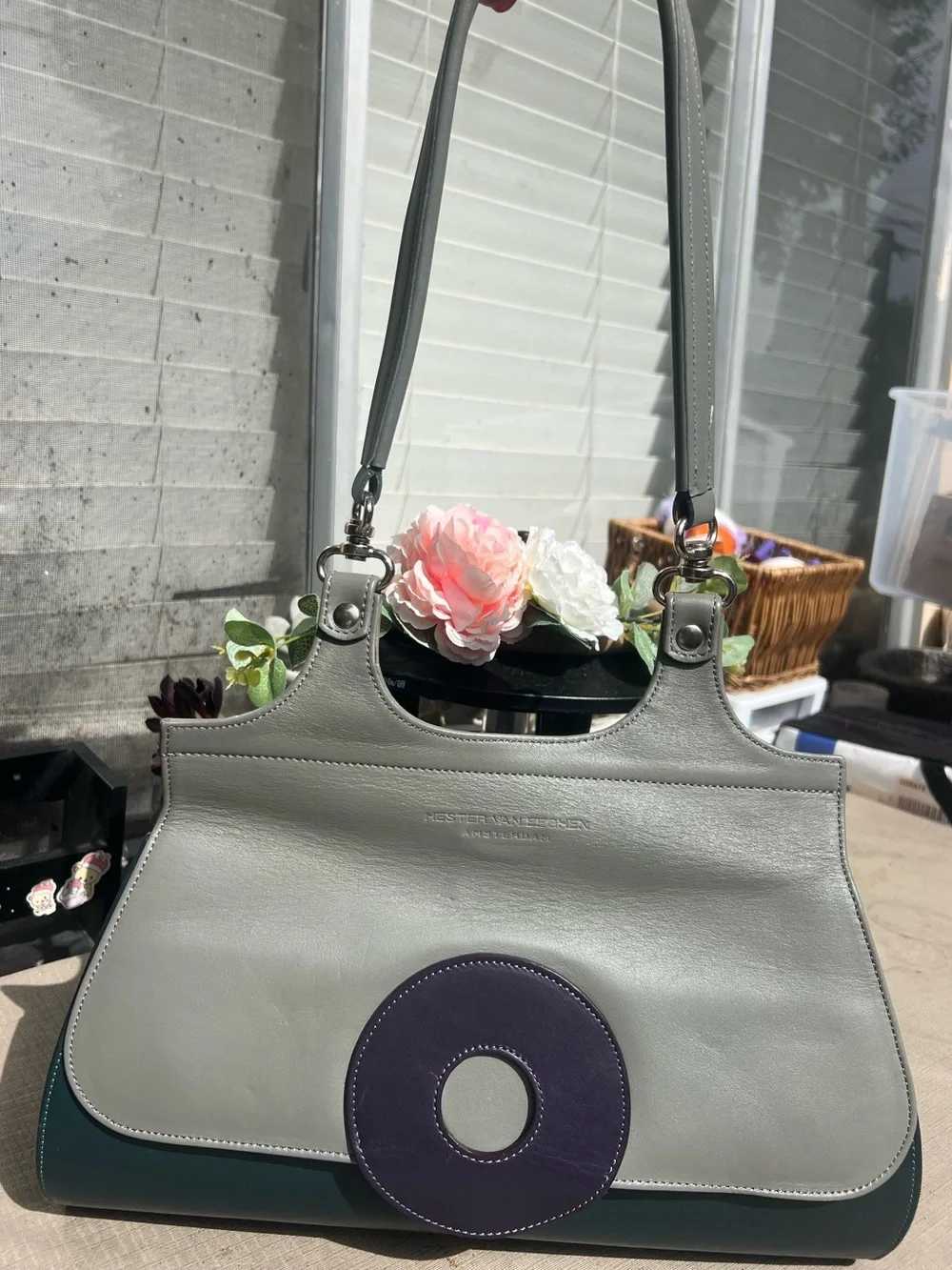 Grey Leather Tote with Purple Accent